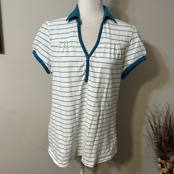 Faded Glory Women Polo Shirt Top Striped Short Sleeve V-Neck Buttons Sz 1X 16W - Picture 1 of 6